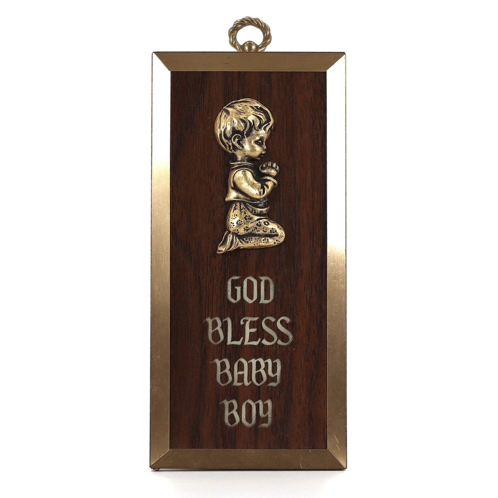 Vintage Baby Boy Nursery Wall Plaque Brown Gold Religious Christian Decor Small